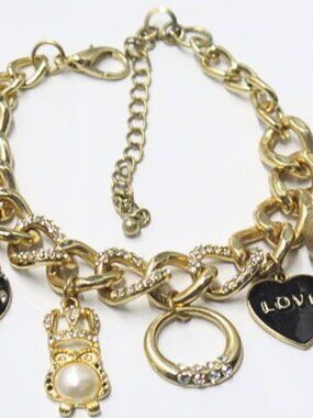 Gold Tone Ladybug & Owl Charm Bracelet